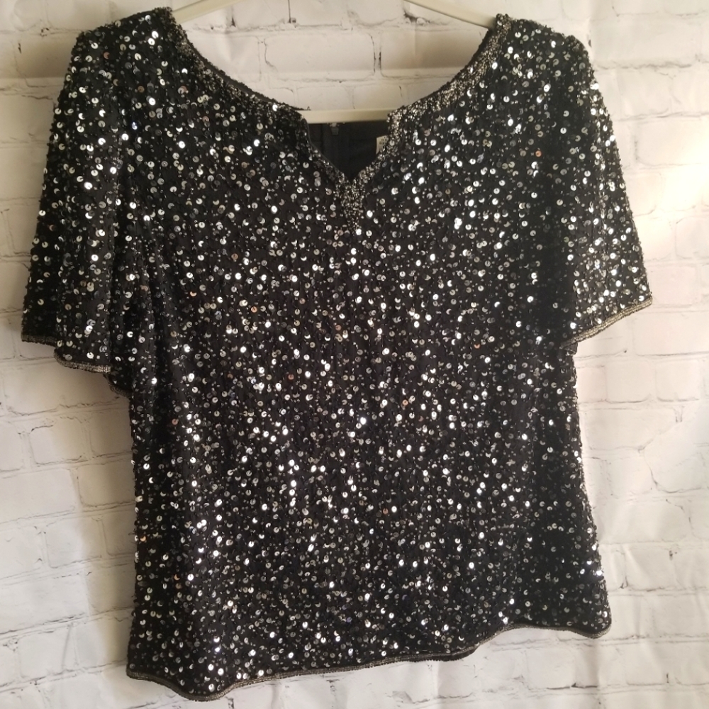 Scala Beaded Black Tunic Top Xl 100% Silk - Vintage & collectible
